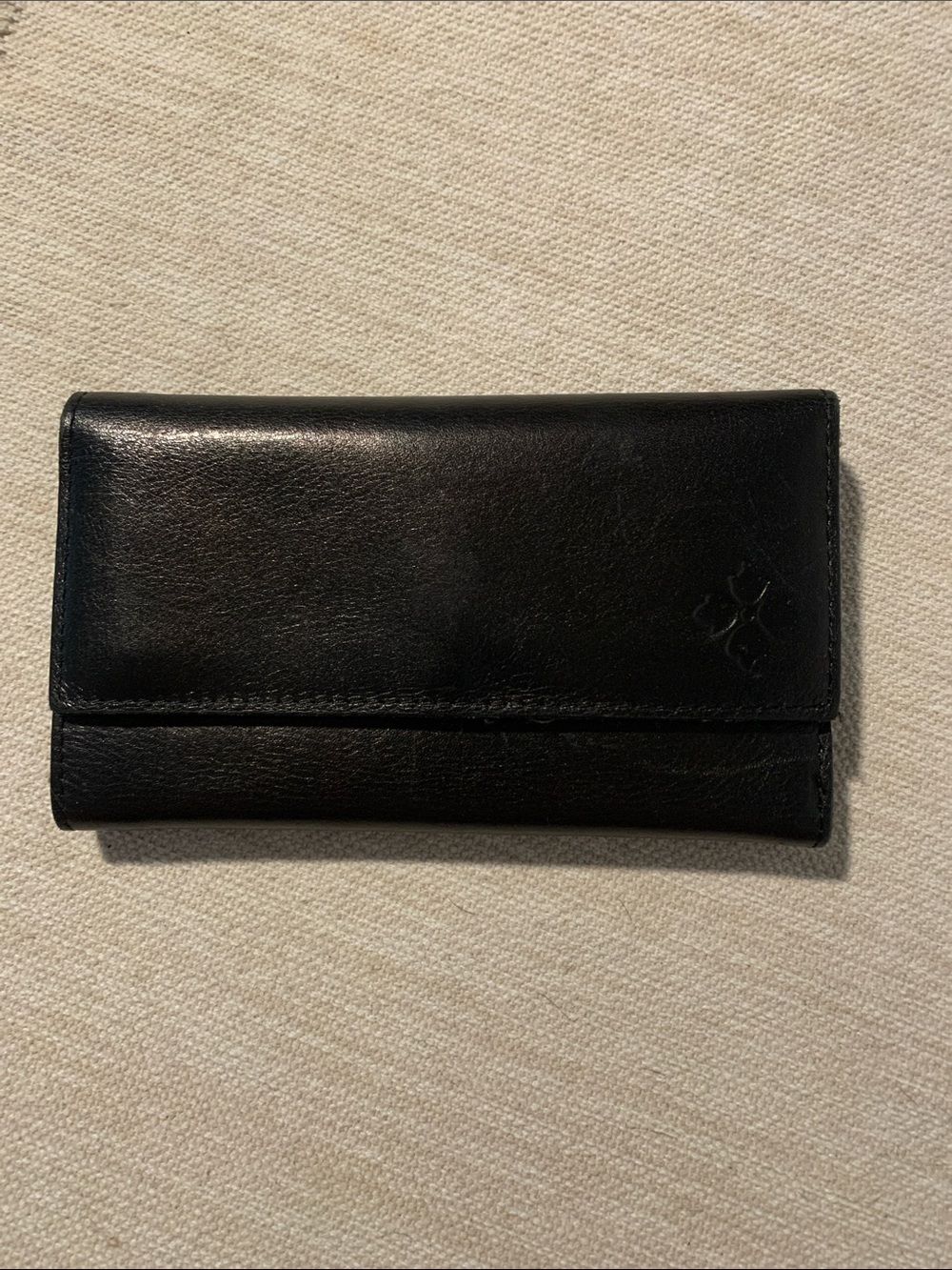 Patricia Nash Black Leather Trifold Wallet with Subtle Embossed Logo